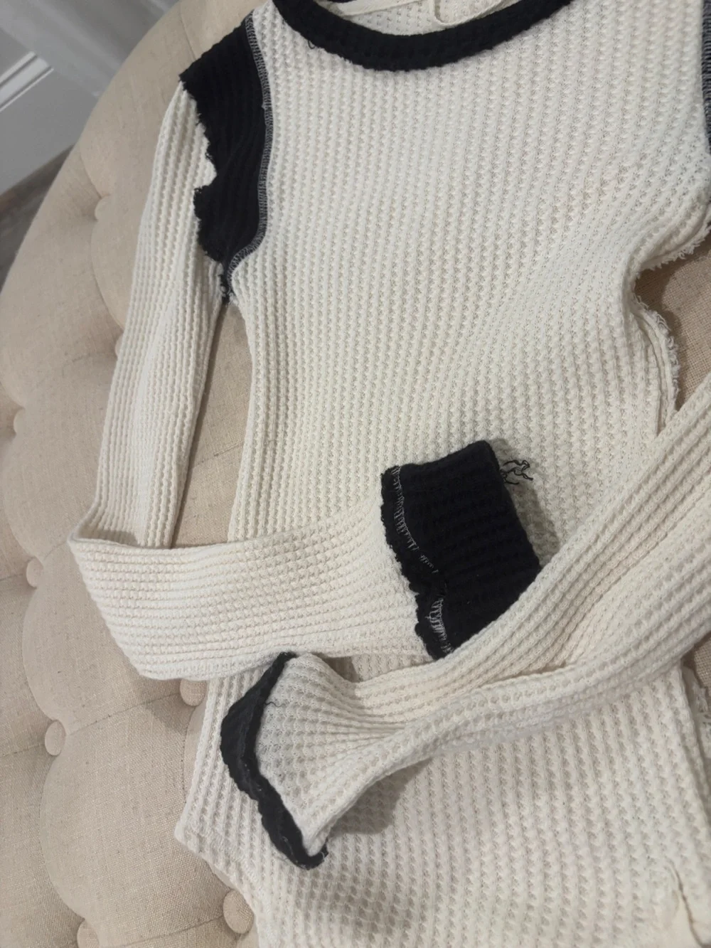 Free People Waffle-Knit Ava Ringer long sleeve in Cream with Black Trim